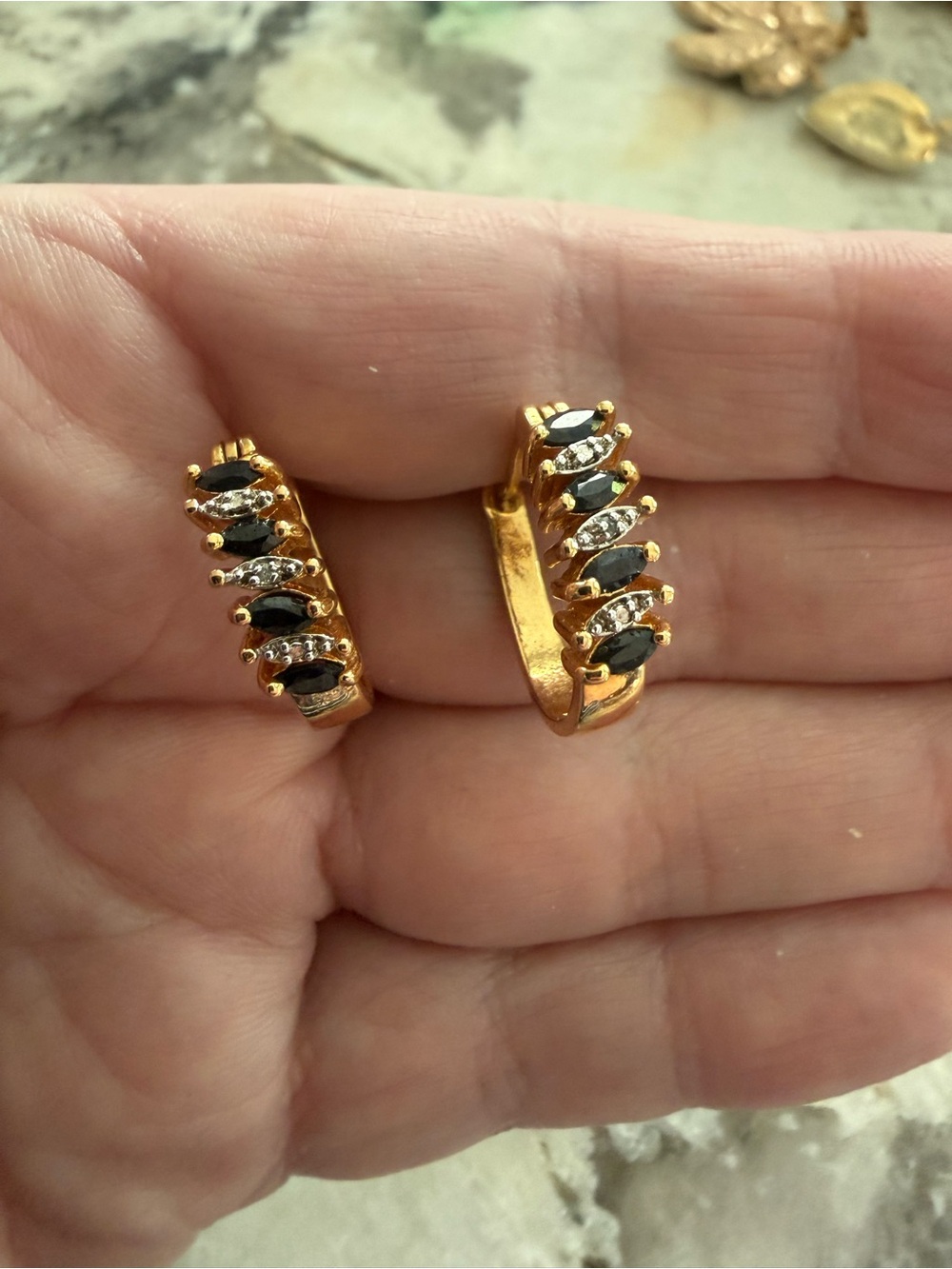 Gold Tone Hoop Earrings with Dark Blue and Clear Stones marked PAJ BB